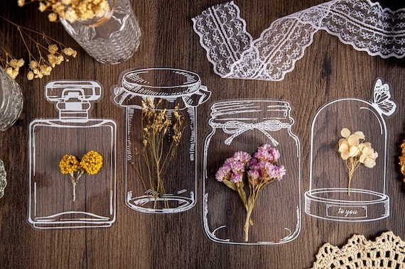 Glass Bottles Clear Stickers, Glass Dome, Perfume Bottle, Empty Jar Sticker for Creative Journal, Flower Vase Clear Frame Planner Sticker