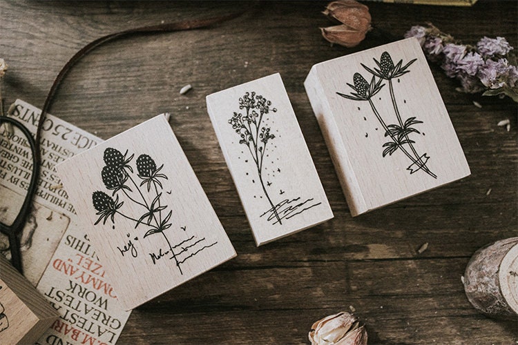 Set of 3 Botanical Wooden Stamp, Flower Ligneous Stamps, Wild Berry ...
