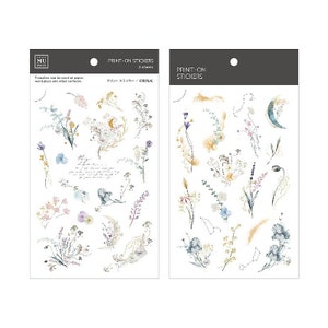 MU Lifestyle Print On Stickers 196, Moon and FlowersWatercolor Rub On Sticker Sheet, Floral Print On Stickers for Fabric and Paper