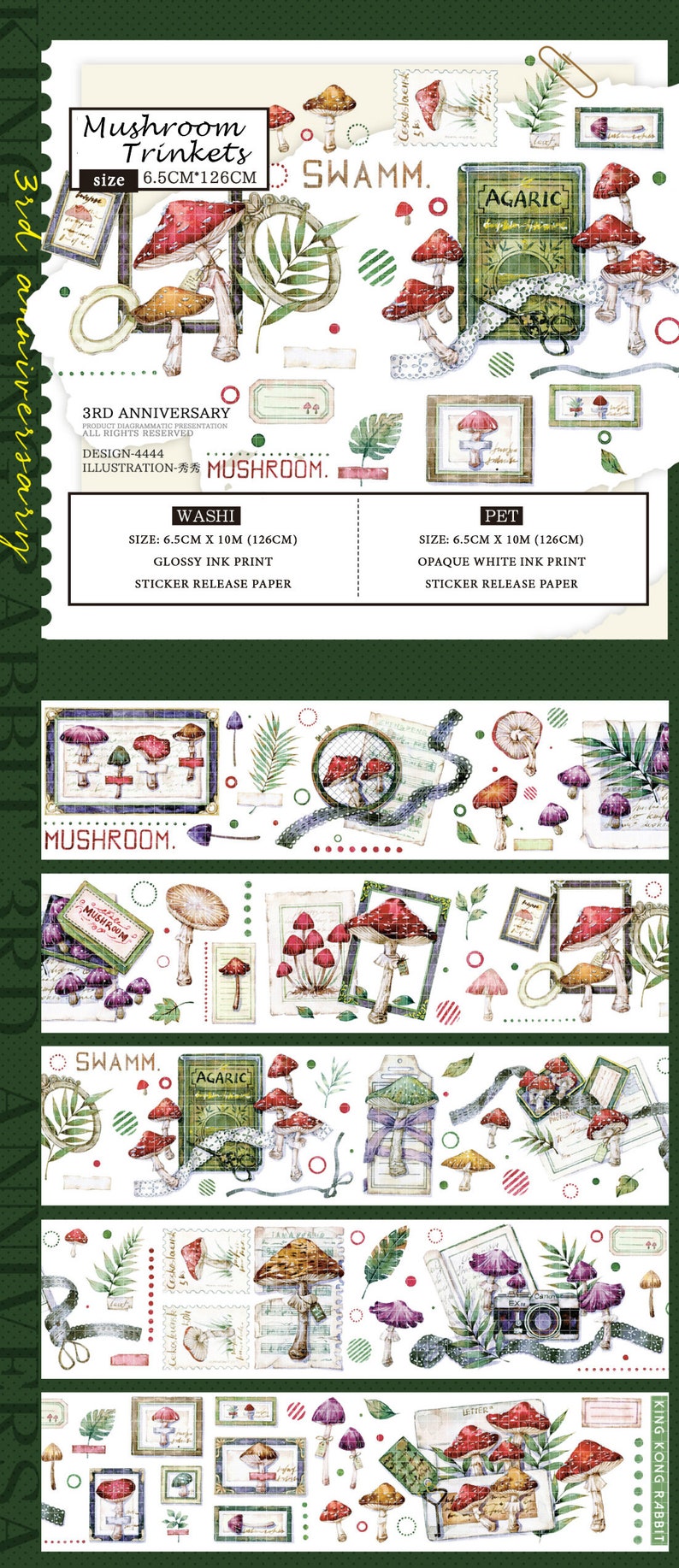May include: A set of three washi tapes featuring a mushroom theme. The tapes are 6.5 cm wide and 10 meters long. The tapes are printed with a glossy ink and have a sticker release paper. The tapes are labeled "Washi", "Pet", and "Mushroom".