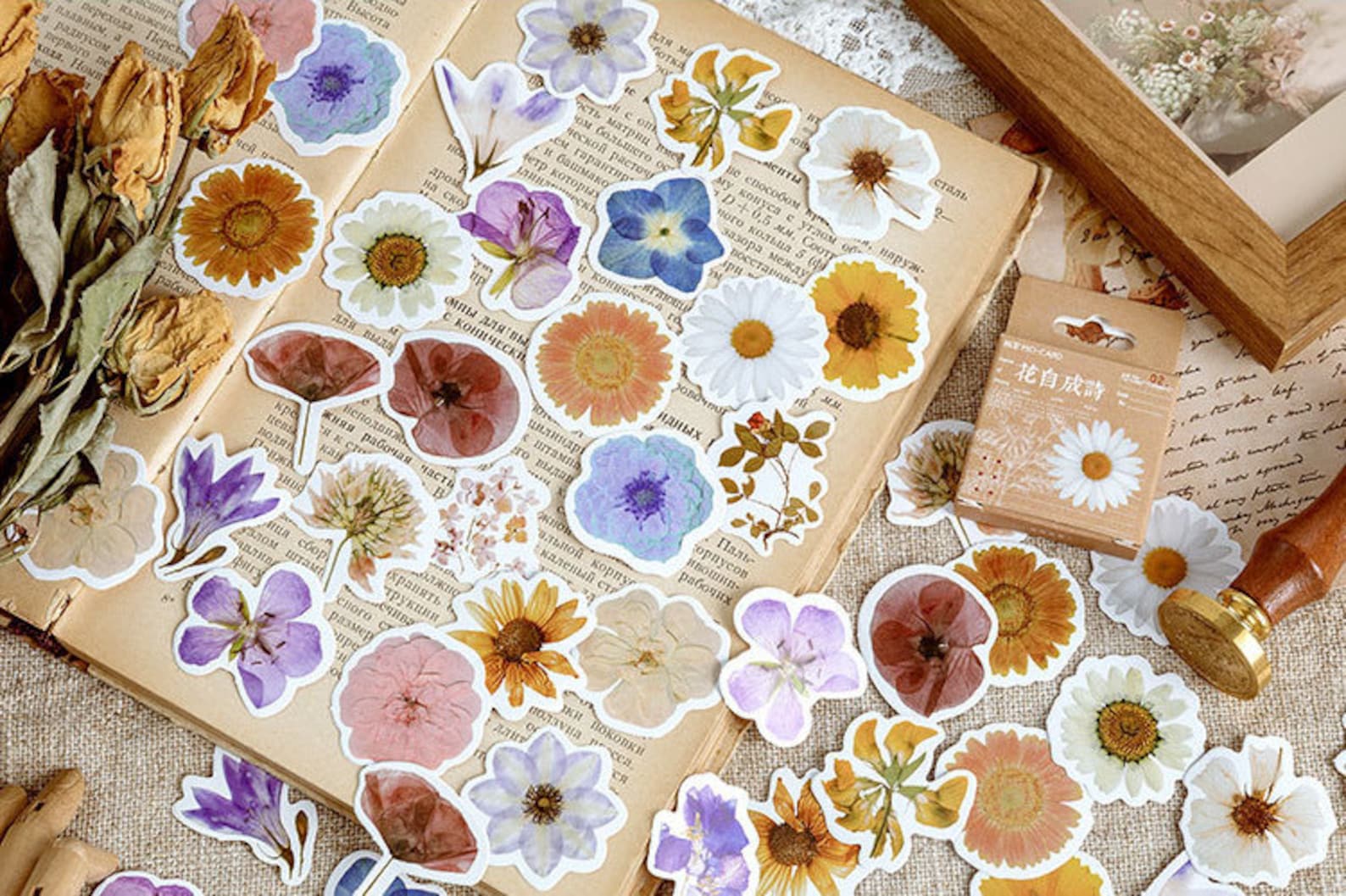 Pressed Flowers Stickers Set Dried Flowers Stickers Pack Etsy