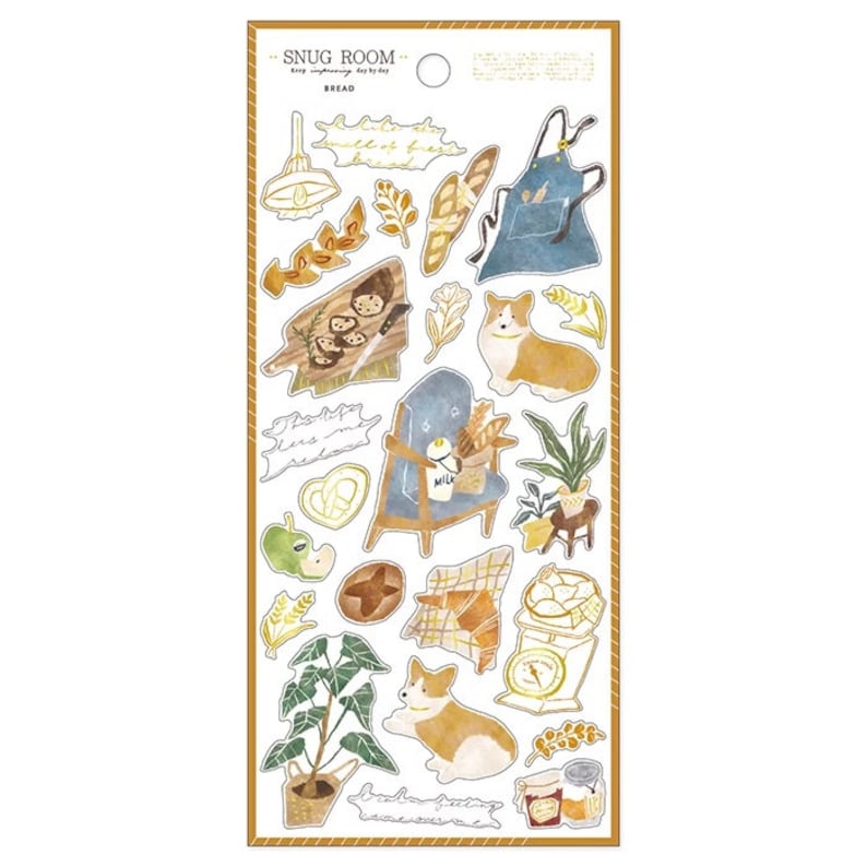 May include: A sheet of stickers featuring illustrations of a dog, bread, a chair, plants, and other homey details. The stickers are in a watercolor style with a warm color palette of browns, yellows, and blues. The text "Snug Room" and "Bread" is included on the sheet.