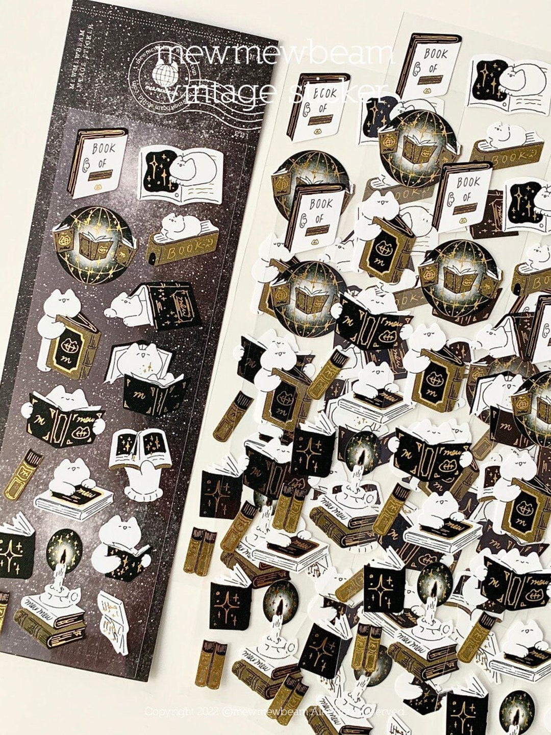 Cats and Books Stickers Sheet, Library, Gold Foil Stickers, Mewmewbeam ...