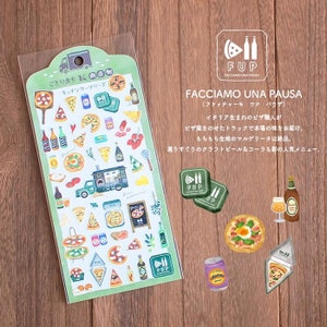 May include: A sheet of colorful stickers featuring illustrations of pizza, beer, and a food truck. The stickers are designed for use on planners, journals, and other paper goods. The text on the stickers reads "Kitchen Car Series" and "FUP Facciamo Una Pausa".