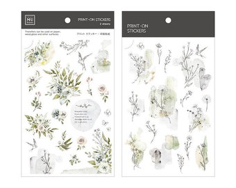 May include: Two sheets of printable stickers featuring watercolor illustrations of delicate flowers, leaves, and branches in shades of green and white. The stickers are designed for use on paper, wood, glass, and other surfaces.