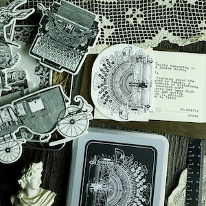 Cortes de tipografia da velha escola, máquina de escrever, câmera, máquina de costura, recortes vintage de tipografia artesanal, diário de lixo, coisas efêmeras