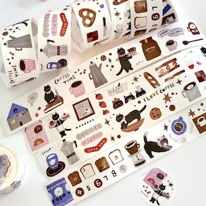 Nastro Washi al cacao, nastro adesivo Lacreme, gatto e caffè, adesivo bevande al caffè, casa, nastro decorativo Cozy Life