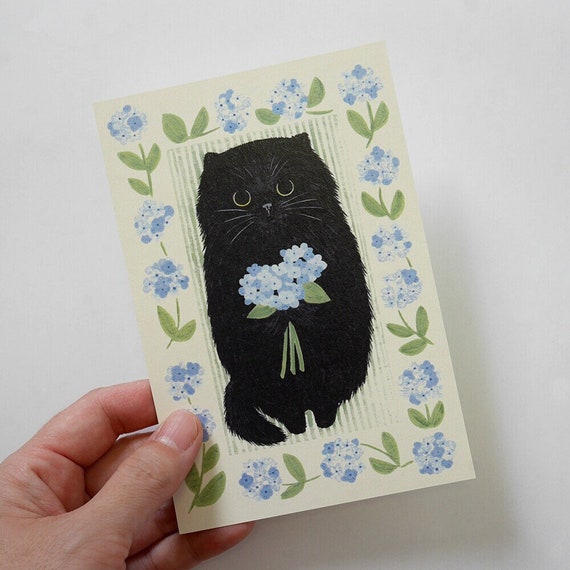 Black Furball Cat Postcard, 4Legs Illustrated Post Card, Kitty and Flower Greeting Card, Cat Birthday Card