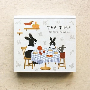 May include: A square notepad featuring a charming illustration of rabbits at a tea party. The image shows a table with a blue and white checked cloth, a teapot, and cakes. The notepad has the text "TEA TIME" and "MARIKO FUKUOKA" printed on it.