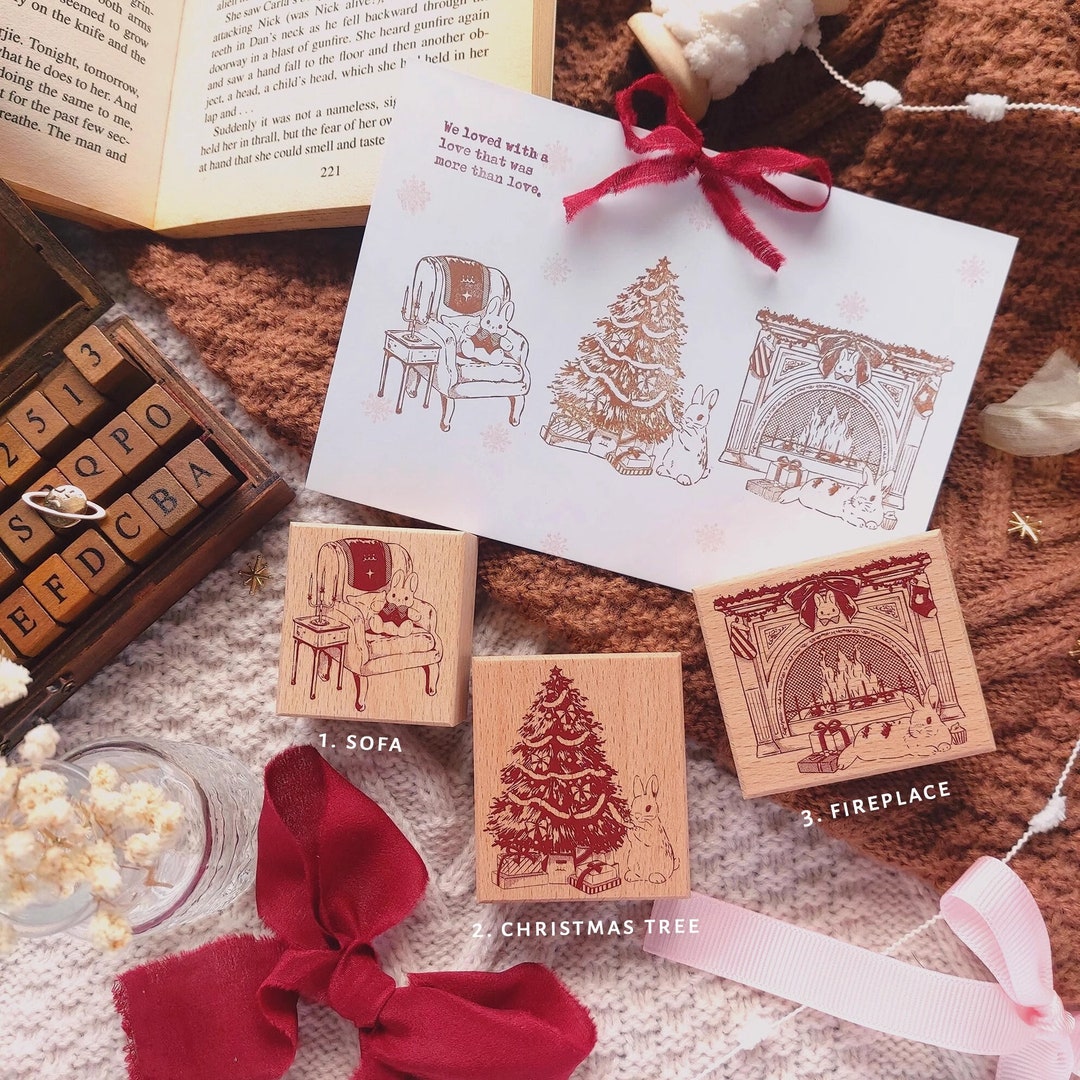 Bunny Christmas Series Wooden Rubber Stamp, Kumayankee, Original Design ...