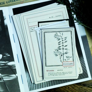 May include: A stack of vintage-style cards with black borders and handwritten text. The top card features a black and white illustration of a plant with the text "WOODLAND No. 97 poetry" and "N&deg; 7939621 poetry (def'n) a metrical composition, produced or embellished by creative imagination: utterance in song; poems collectively".