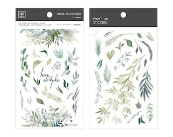 May include: Two sheets of print-on stickers featuring watercolor illustrations of leaves and branches in shades of green and blue. The text "keep it simple" is included on one sheet.