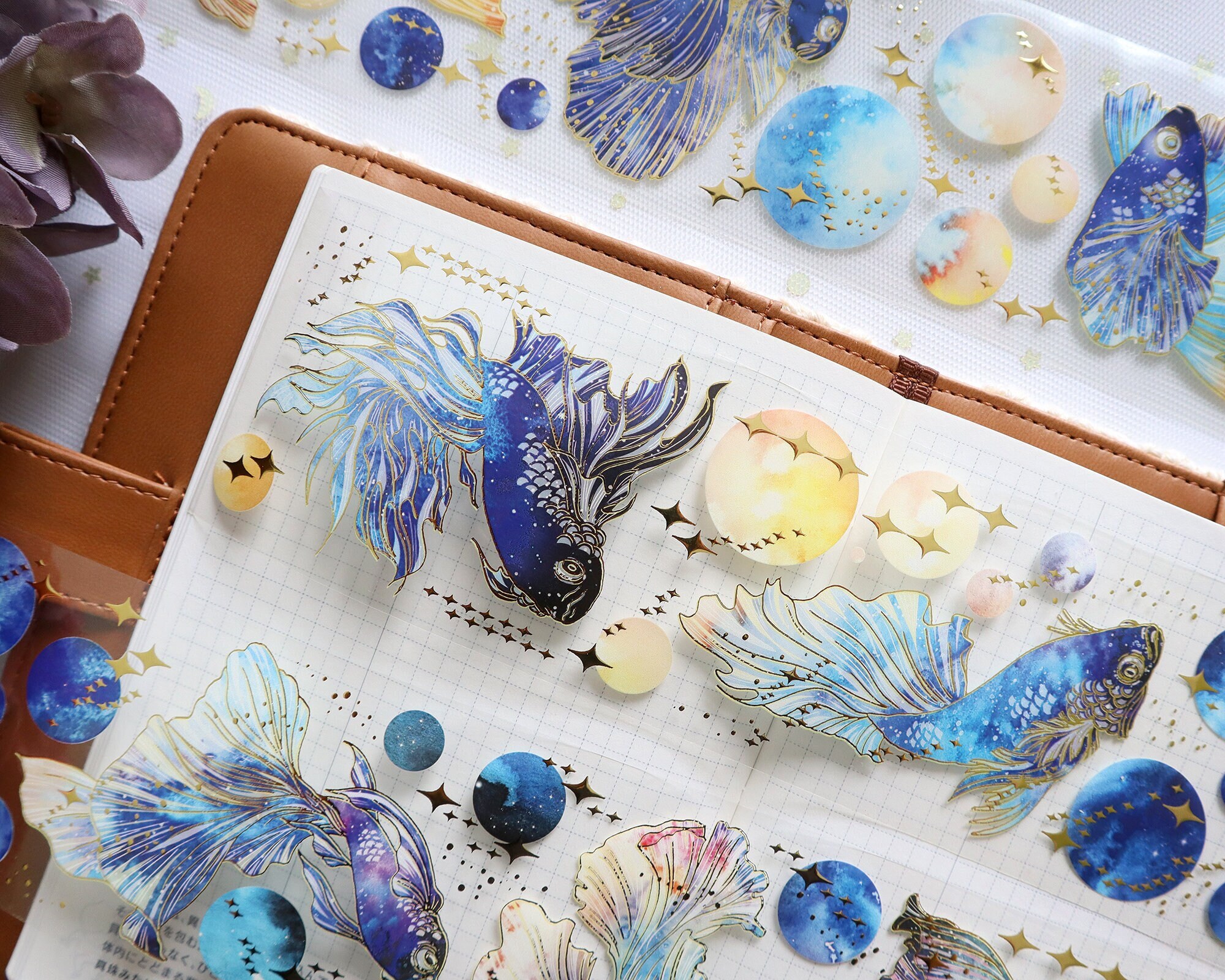 Galactic Betta Fish PET Clear Tape, Extra Wide Gold and Holographic Emboss Masking Tape, Decorative Tape for Collage, Planner, Journal