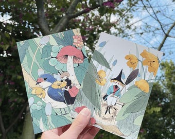 Forest Witch Postcards Set, Nekocha Original Design, Mushroom, Bird, Little Witch Artist Illustrated Post Card for Snail Mail, Greeting Card