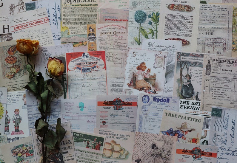 May include: A collection of vintage ephemera, including receipts, advertisements, and postcards. The ephemera features a variety of colors and designs, including floral patterns, illustrations of children, and text in various languages. The ephemera is arranged in a random pattern on a white background.