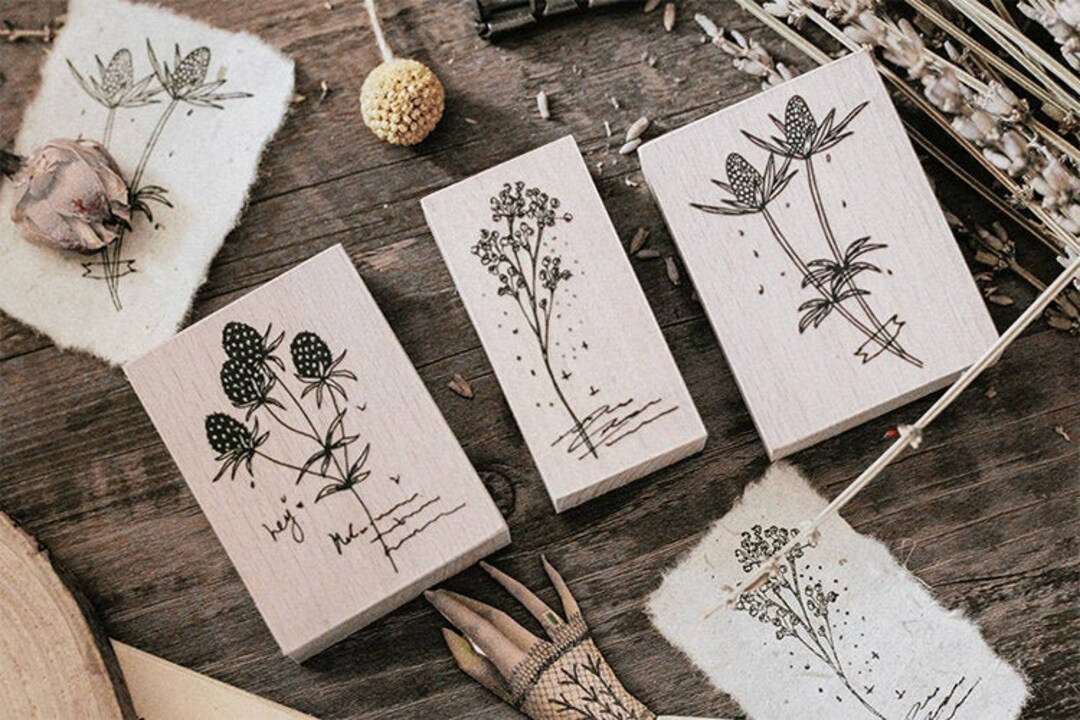 Set of 3 Botanical Wooden Stamp, Flower Ligneous Stamps, Wild Berry ...