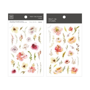 MU Lifestyle Print On Stickers 073, Warm Colored Aquacolor Flowers On Sticker Sheet, Red and Yellow Floral Rub On Stickers for Planner