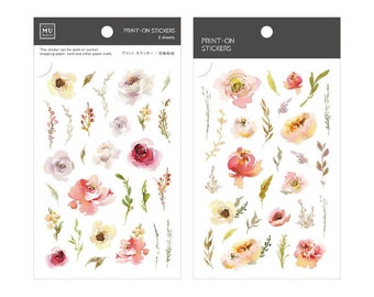 May include: Two sheets of floral print-on stickers. The stickers feature watercolor illustrations of pink, white, and yellow flowers with green leaves. The stickers are designed for use in journals, wrapping paper, cards, and other paper crafts.