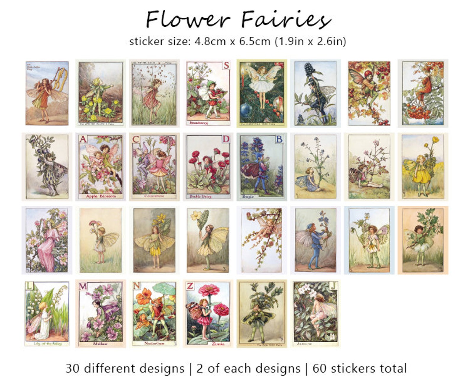 Flower Fairies Stickers Set, Vintage Garden Pixie Illustration Stickers