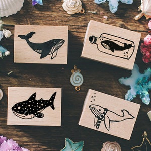 Wishing Whale Series Wooden Rubber Stamp, Humpback Whale, Blue Whale, Whale Shark Handmade Ligneous Stamp for Art Journal and Art Journal