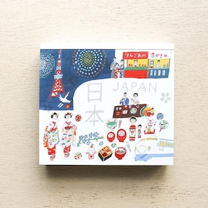 May include: A square card with illustrations of Japanese culture. The design includes the Tokyo Tower, fireworks, people in traditional dress, food stalls, and a bullet train. The word "JAPAN" is displayed prominently.