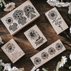 Timbres en caoutchouc sur le thème du tournesol, timbre linéaire à fleurs pour l’artisanat et le journal, gramophone, bouquet