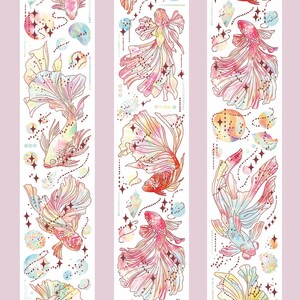 May include: A roll of washi tape featuring a repeating pattern of colorful betta fish with a 3D rose gold embossed design. The tape is 5.8 cm wide and 10 meters long. The text "Fairy Betta Fish" and "BELONG TO YOU" is printed on the tape.