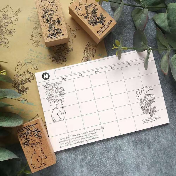 Set of 3 Flower Bunnies Rubber Stamp, Kumayankee Original Design Rabbit Wooden Stamp for Journaling, Flower Bloom, Cherry Blossom