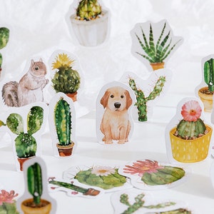 Cactus Box Stickers Pack, Mañana en la granja, Animals Sticker Flakes Box Set, Perro, Conejito, Diario creativo suculento Planner Stickers