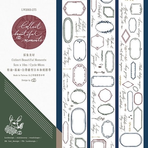 May include: A roll of decorative washi tape with a white background and blue, red, and gold accents. The tape features a variety of decorative frames and handwritten text, including "Collect Beautiful Moments", "Love, Always", "Make Today Magic", and "Be Good, Do Good". The tape is 5 cm wide and 10 m long.