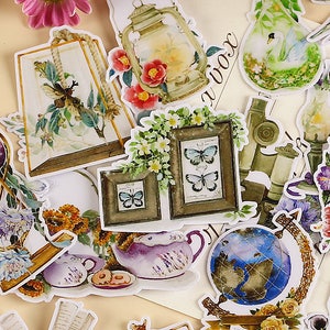 Paquete de pegatinas de objetos vintage, conjunto de pegatinas de tesoros antiguos, máquina de escribir, globo terráqueo, planetario, pegatinas del planificador
