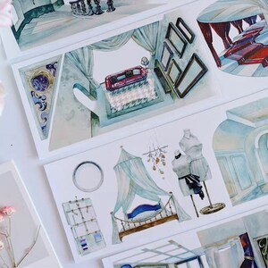 May include: A set of six watercolor illustrations featuring different rooms in a house. The illustrations are printed on white cardstock and are perfect for scrapbooking, card making, or other craft projects.