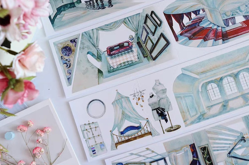May include: A set of six watercolor illustrations featuring different rooms in a house. The illustrations are printed on white cardstock and are perfect for scrapbooking, card making, or other craft projects.