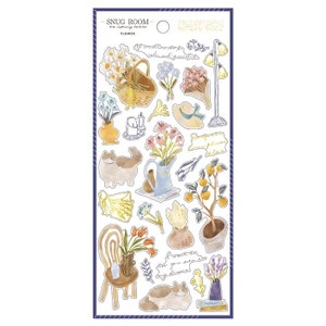 May include: A sheet of stickers featuring watercolor illustrations of flowers, plants, cats, and other home decor elements. The stickers are on a white background with a blue border. The text "SNUG ROOM" and "FLOWER" is printed at the top of the sheet.