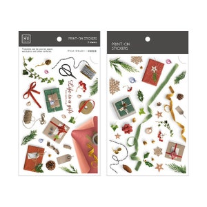 MUライフスタイル クリスマスプリントステッカー09、ギフトラッピング用ラビングオンステッカーシート、クリスマスリボンと紙転写ステッカー