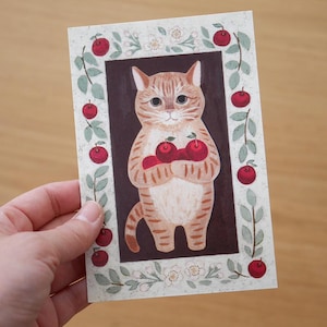 Cartão postal de gato de pelo curto americano, cartão postal ilustrado 4Legs, cartão de felicitações de gatinho e maçã, cartão de aniversário de gato