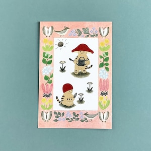 Carte postale chat champignon de printemps, champignons de penchant, carte postale illustrée 4 pattes, carte de voeux chaton et jardin, carte d'anniversaire chat