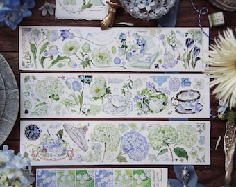 Hydrangea Washi and Clear Tape, Neinei Illustration Masking Tape, XL Flower, Teapot Decorative Collage Tape, Bullet Journal, Planner Sticker