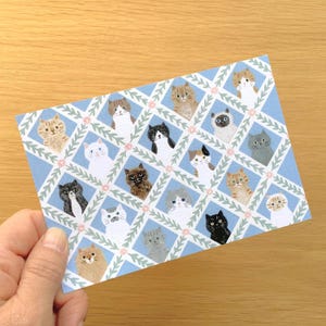 Carte postale de visages de chat, carte postale illustrée de 4 jambes, carte de voeux de races de chat domestique, minou noir, chat blanc, carte d'anniversaire de chat siamois
