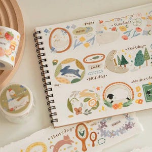 Natuurkalender washitape, dieren en planten, oranje studio illustratie afplaktape, zwaan, bos, schapen, bloemen kawaii dagboek sticker