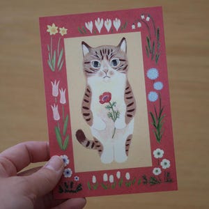 Ansichtkaart Cyperse kat, 4Legs Illustrated-postkaart, wenskaart Kitty and Flower, verjaardagskaart kat, Japans briefpapier
