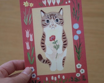 Carte postale de chat tigré, carte postale illustrée de 4 jambes, carte de voeux de chaton et de fleur, carte d'anniversaire de chat, papeterie japonaise