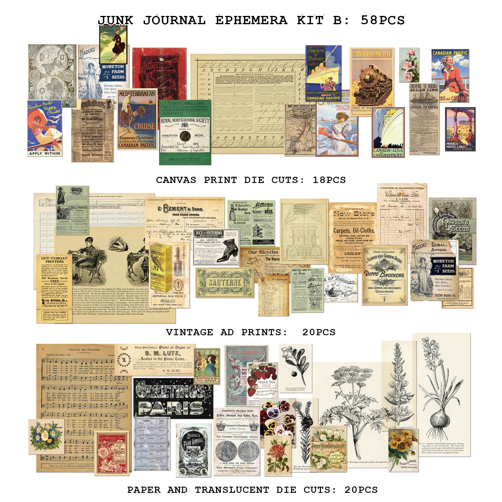 58PCS Junk Journal Ephemera Kit B, Vintage Journaling Paper Pack ...
