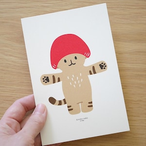 Cartão postal de gato cogumelo, cartão postal ilustrado 4Legs, Maneki Neko, gatinho, cartão de felicitações de gatinho, cartão de aniversário