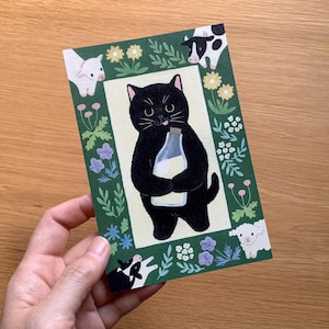 Cartão postal de gato preto e leite, cartão postal ilustrado 4Legs, cartão comemorativo de animais de fazenda, cartão de aniversário de gato
