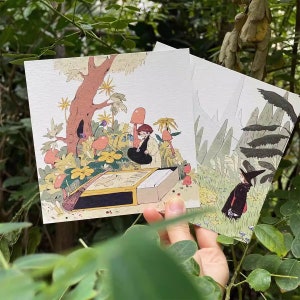 Magnifico set di cartoline d'avventura, mondo in miniatura, piccola strega, cartolina postale illustrata dall'artista per posta ordinaria, cartolina d'auguri