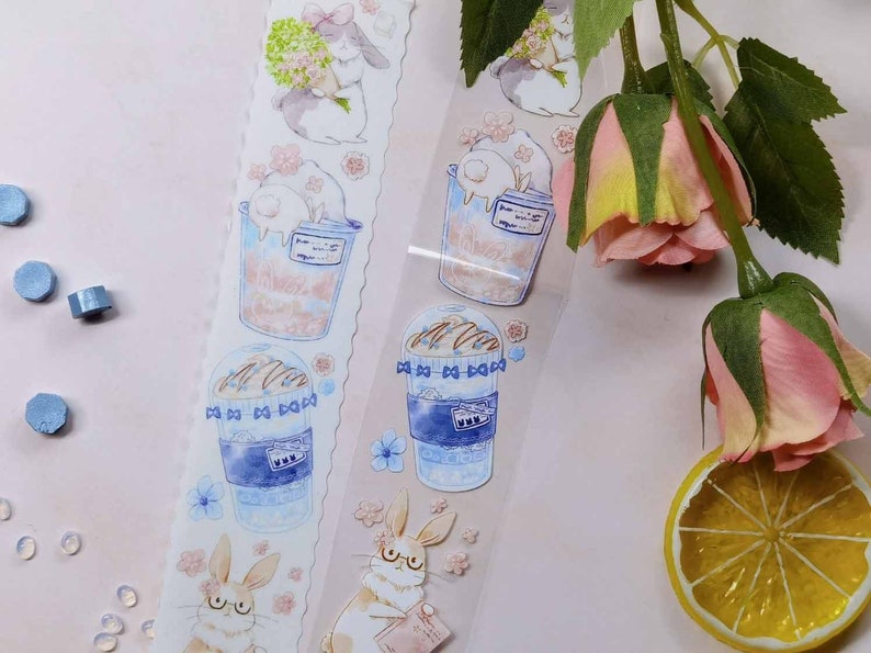 Kawaii Stationary Bobba Tea Rabbits Themed Washi Tape Little Milk Tea Bunny Clear Tape Roll Dessert Bakery Komos Museum