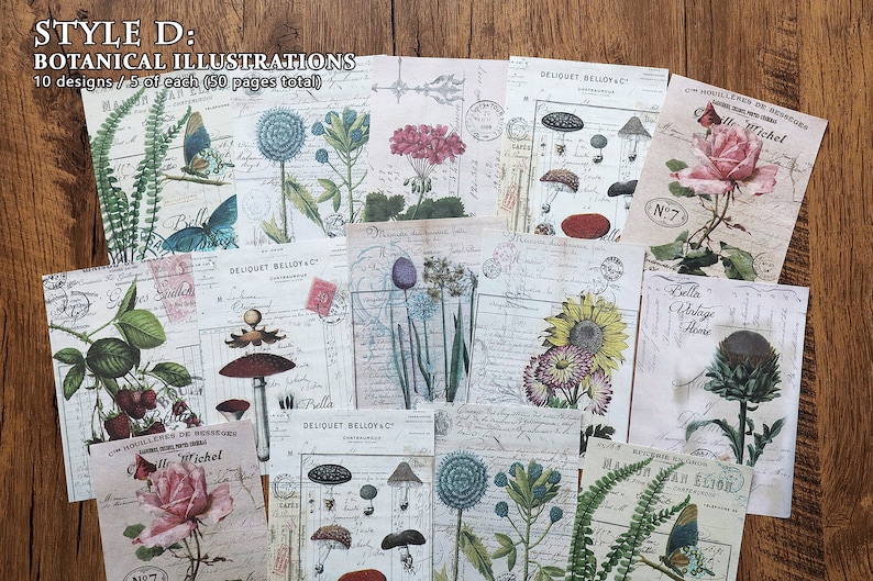 Vintage Prints Paper Pad, Botanical Illustration, Ledger, Sheet Music, Postcard Recipe Card Prints for Junk Journal, Ephemera Style D