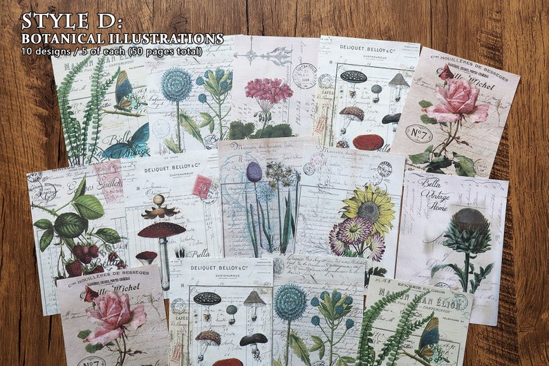 May include: A collection of 10 botanical illustrations featuring various flowers, mushrooms, and ferns. The illustrations are printed on a cream-colored paper with a vintage aesthetic. The text "STYLE D: BOTANICAL ILLUSTRATIONS 10 designs/5 of each (50 pages total)" is printed at the top of the image.