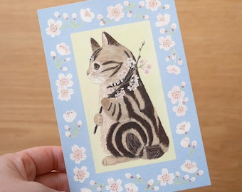 Postal de gato y flor de cerezo, postal ilustrada de 4 patas, gatito primaveral, tarjeta de felicitación con flores, tarjeta de cumpleaños
